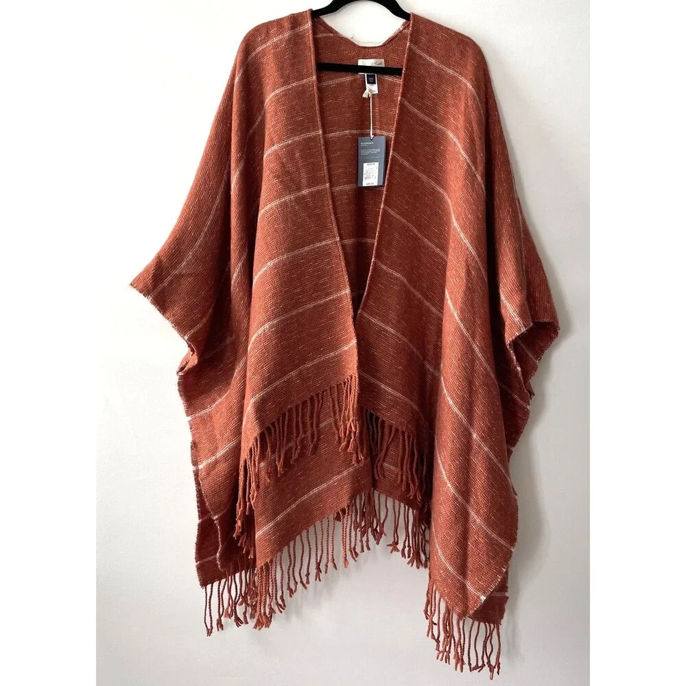 NWT Universal Thread Ruana Poncho Fringe Open Front Striped Rust Size OS-dmpv